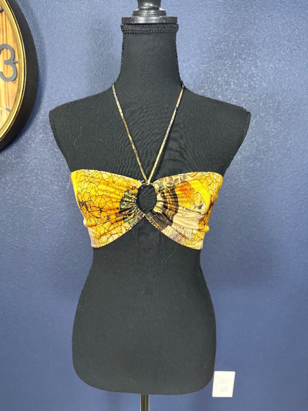 12th Tribe Gold Batik Print Cinched Halter Bandeau Top | S